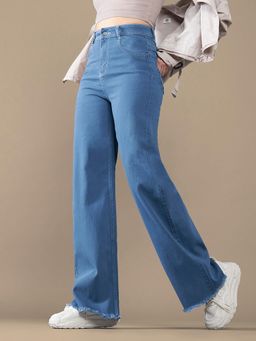 DOLCE CRUDO - Womens Blue Wide Leg High Rise Stretchable Denim Jeans