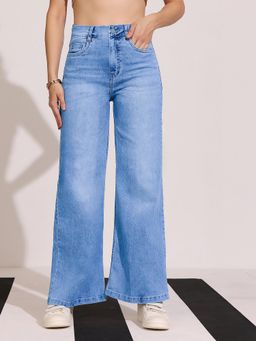 DOLCE CRUDO - Womens Light Blue Wide Leg High Rise Stretchable Shaping Denim Jeans