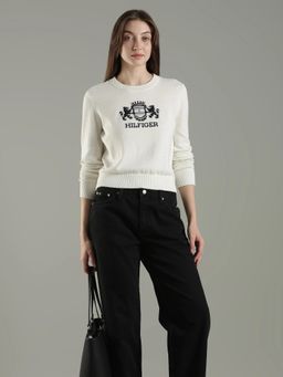 Tommy Hilfiger - White Regular Fit Cotton Crew Neck Sweater
