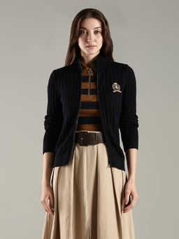 Tommy Hilfiger - Navy Blue Regular Fit Cotton High Neck Front Open Cardigans