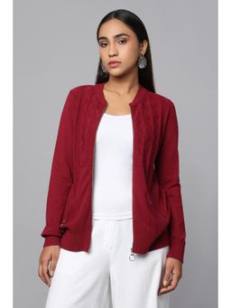 TAMISKA BY NARENDRA KUMAR - Maroon Pocket Detail Knit Zip Front Cardigans
