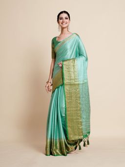 Mimosa - Women Traditional Kanjivaram Art Silk Turquoise Saree with Unstitched Blouse