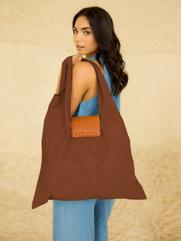 HIE - Women Vintage Brown Synthetic Solid Foldable Tote Bag with Key Chain