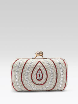 Fabbhue - Womens Hand Embroidery Box Clutch With Detachable Shoulder Strap Off White