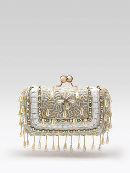 Fabbhue - Womens Hand Embroidery Box Clutch With Detachable Shoulder Strap White