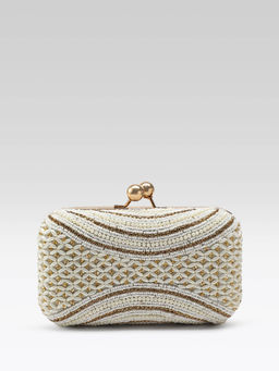 Fabbhue - Womens Hand Embroidery Box Clutch With Detachable Shoulder Strap Off White