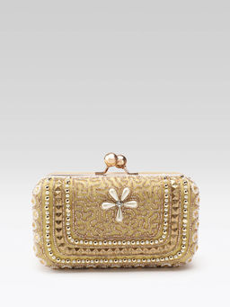Fabbhue - Womens Hand Embroidery Box Clutch With Detachable Shoulder Strap Gold