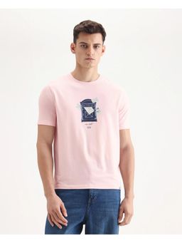 Rare Rabbit - Mens Amos Pastel Pink Cotton Blend Graphic Print Regular Fit Crew Neck T-Shirt