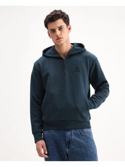 Rare Rabbit - Mens Caig Dark Teal Cotton Blend Graphic Print Regular Fit Full Sleeve Hooded