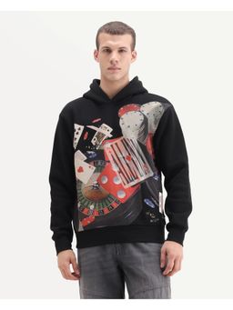 Rare Rabbit - Mens Febo Black Cotton Blend Fabric Full Sleeves Hooded Graphic Print