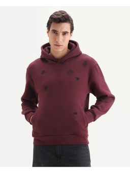 Rare Rabbit - Mens Gabbs Dark Maroon Cotton Blend Fabric Full Sleeves Hooded Embroidered