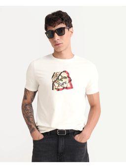 Rare Rabbit - Mens Hoz Off White Cotton Blend Fabric Crew Neck Regular Fit Graphic Print T-Shirt
