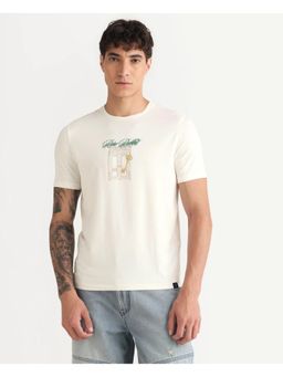 Rare Rabbit - Mens Jojo Off White Cotton Blend Fabric Regular Fit Graphic Print T-Shirt