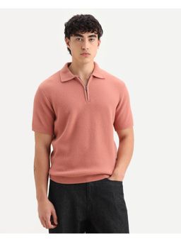 Rare Rabbit - Mens Luco Pink Cotton Blend Fabric Collared Neck Regular Polo T-Shirt