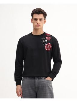 Rare Rabbit - Mens Lyra Black Cotton Blend Graphic Print Regular Fit Crew Neck Sweatshirt