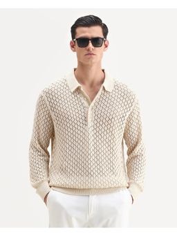 Rare Rabbit - Mens Ocon Light Beige Cotton Blend Fabric Regular Fit Geometric Print Polo T-Shirt