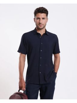 Rare Rabbit - Mens Ratuh Navy Viscose Nylon Fabric Regular Fit Plain Shirt