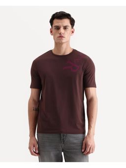 Rare Rabbit - Mens Rida Dark Brown Cotton Blend Fabric Crew Neck Regular Graphic Print T-Shirt