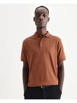 Rare Rabbit - Mens Row-25 Rust Cotton Regular Fit Polo T-Shirt