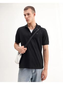 Rare Rabbit - Mens Salis-A25 Black Cotton Blend Regular Fit Polo T-Shirt
