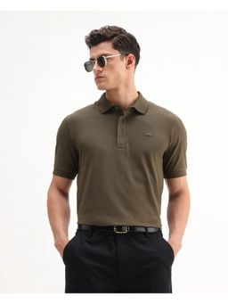 Rare Rabbit - Mens Salis-A25 Dark Olive Cotton Blend Regular Fit Polo T-Shirt
