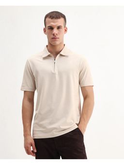 Rare Rabbit - Mens Thero-25 Light Beige Cotton Blend Regular Fit Polo T-Shirt