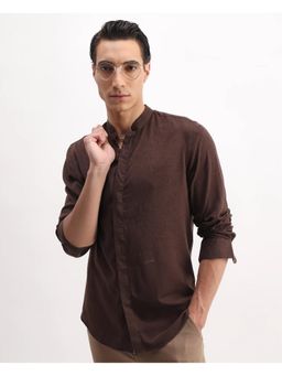 Rare Rabbit - Mens Throne 25 Brown Lyocell Plain Regular Fit Mandarin Collar Shirt