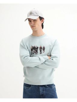 Rare Rabbit - Mens Tive Dusky Blue Cotton Blend Graphic Print Regular Fit Sweatshirt