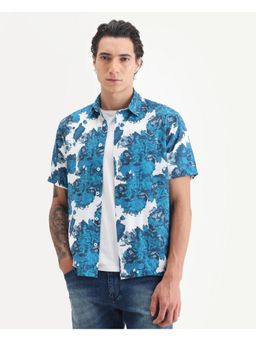 Rare Rabbit - Mens Vyla Blue Viscose Fabric Regular Abstract Print Shirt