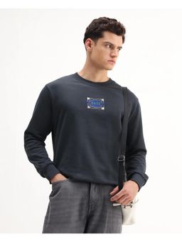 Rare Rabbit - Mens Wolf Dark Grey Cotton Embroidered Regular Fit Crew Neck Sweatshirt