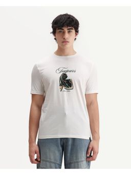 Rare Rabbit - Mens Zaf Off White Cotton Blend Fabric Crew Neck Regular Fit Graphic Print T-Shirt