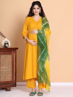 Secret Wish - Mustard Solid Rayon Maternity Kurta with Pant and Dupatta (Set of 3)