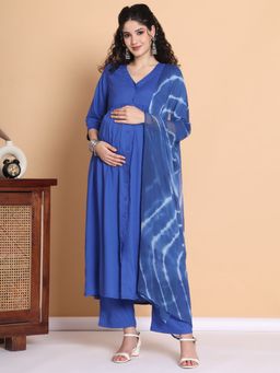 Secret Wish - Blue Solid Rayon Maternity Kurta with Pant and Dupatta (Set of 3)