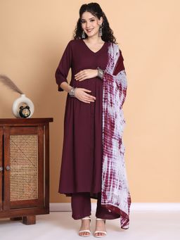 Secret Wish - Wine Solid Rayon Maternity Kurta with Pant and Dupatta (Set of 3)