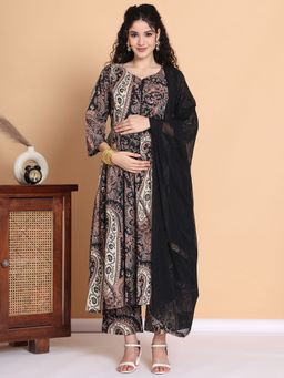 Secret Wish - Black Floral Cotton Maternity Kurta with Pant and Dupatta (Set of 3)