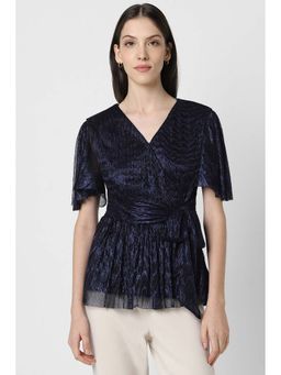 Van Heusen - Women Navy Textured Casual V Neck Top