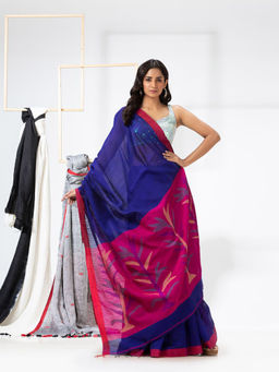 Angoshobha - Blue Cotton Blended Festive Jamdani Saree with Unstitched Blouse