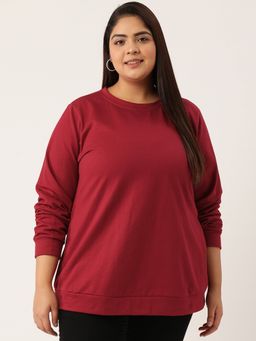 theRebelinme - Plus Womens Maroon Solid Color Knitted Fleece Sweatshirt