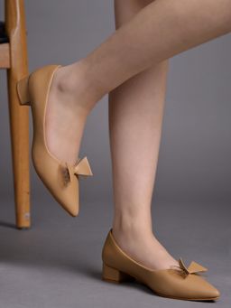 Shoetopia - Pointed Toe Bow Detailed Tan Pumps for Women