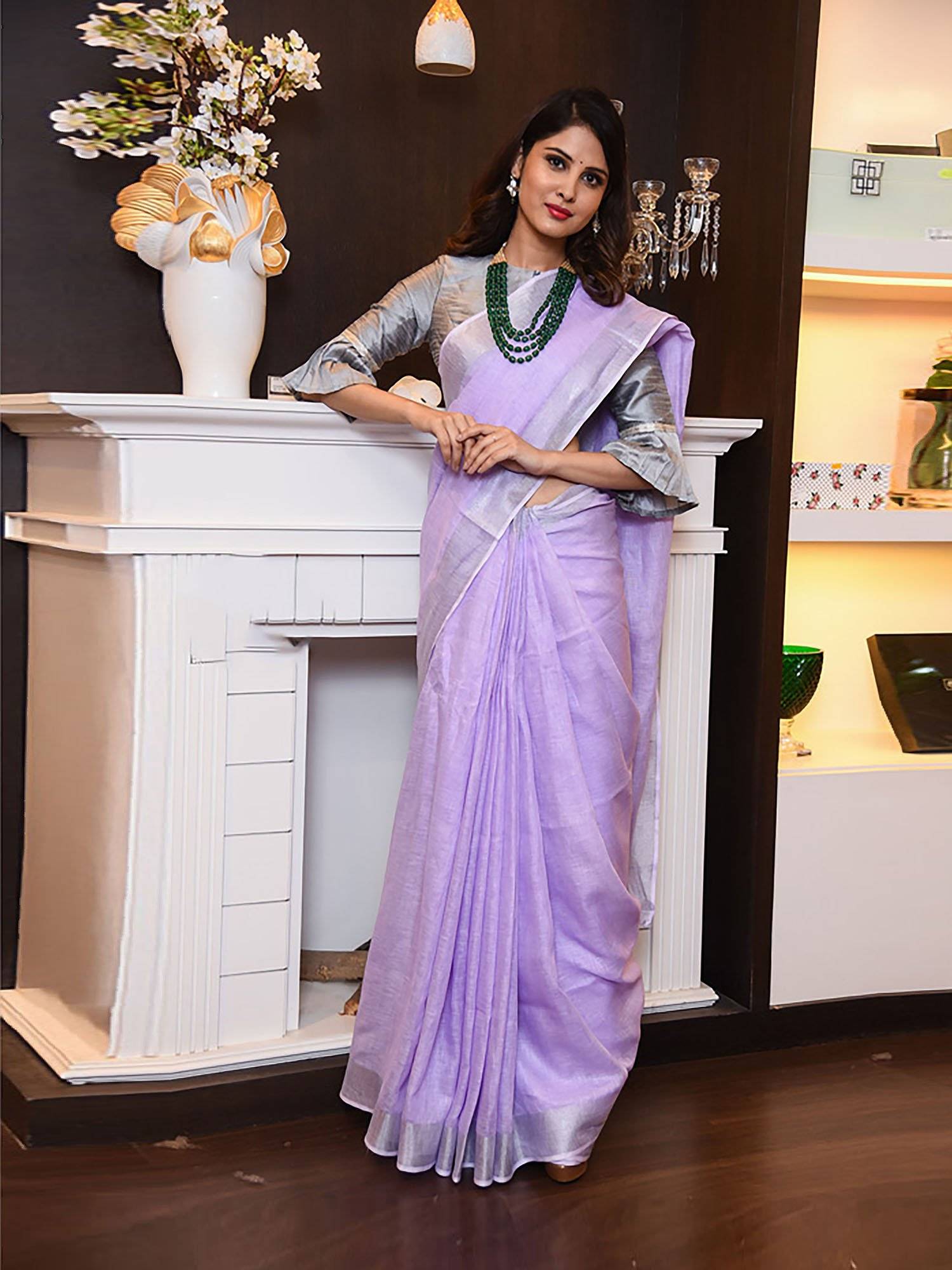 lavender saree with silver blouse