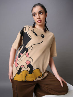 Bewakoof - Official Disney Womens Brown Tense Mickey Graphic Printed Oversized Plus Size T-shirt