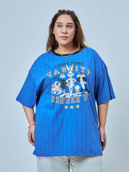 Bewakoof - Official Looney Tunes Womens Blue Runner Up Graphic Oversized Plus Size T-shirt