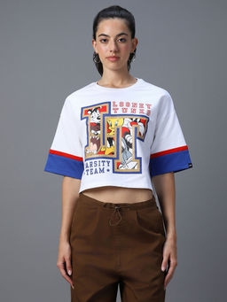 Bewakoof - Looney Tunes Women's White Varsity Team Graphic Printed Oversized Short Top