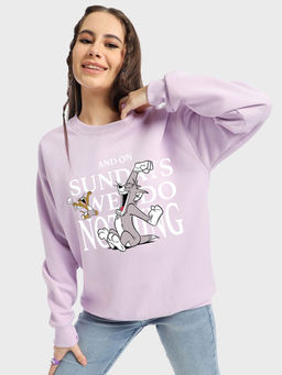 Bewakoof - Tom & Jerry Women's Purple Sundays We Do Nothing Graphic Printed Oversized Sweatshirt