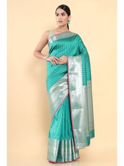 Soch - Women Blue Silk Woven Saree with Unstitched Blouse