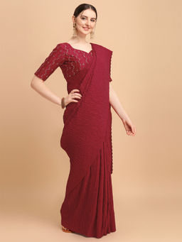 Amrutam Fab - Womens Japan Satin Pleated Red Saree With Sequences Unstitched Blouse Piece