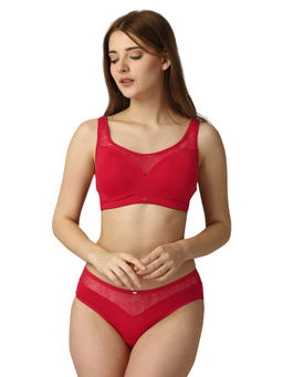 SOIE - Full Coverage Padded Bra and Mid Rise Brief With Lace Detailing-Sets-Red