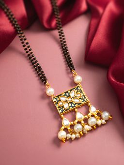 Aadita - White Gold Plated Floral Shaped Kundan Studded and Pearls Beaded Mangalsutra