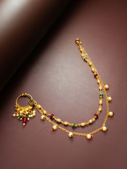 Aadita - Multi-Colour Gold Toned Plated Kundan and Pearl Nosepin Nathani Bridal for Women