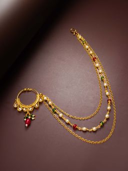 Aadita - Multi-Colour Gold Toned Plated Kundan and Pearl Nosepin Nathani Bridal for Women